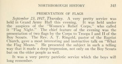 Excerpt describing the Presentation of Flags to the Boy Scouts, September 23, 1917