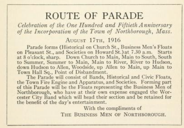 Printed program: Route of Parade for the 150th anniversary of Northborough, August 17, 1916